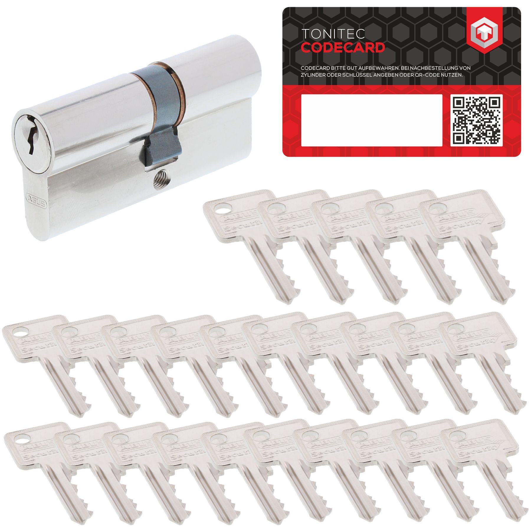 ABUS C73 C83 K82 VS verschiedenschliessend + ToniTec® CodeCard 28/34 Profilzylinder (C73) 25 Schlüssel, Feuerwaffe, Waffe, QR Code, Feuerwaffe, Waffe, QR Code, Feuerwaffe, Waffe, QR Code, Feuerwaffe, Waffe, QR Code