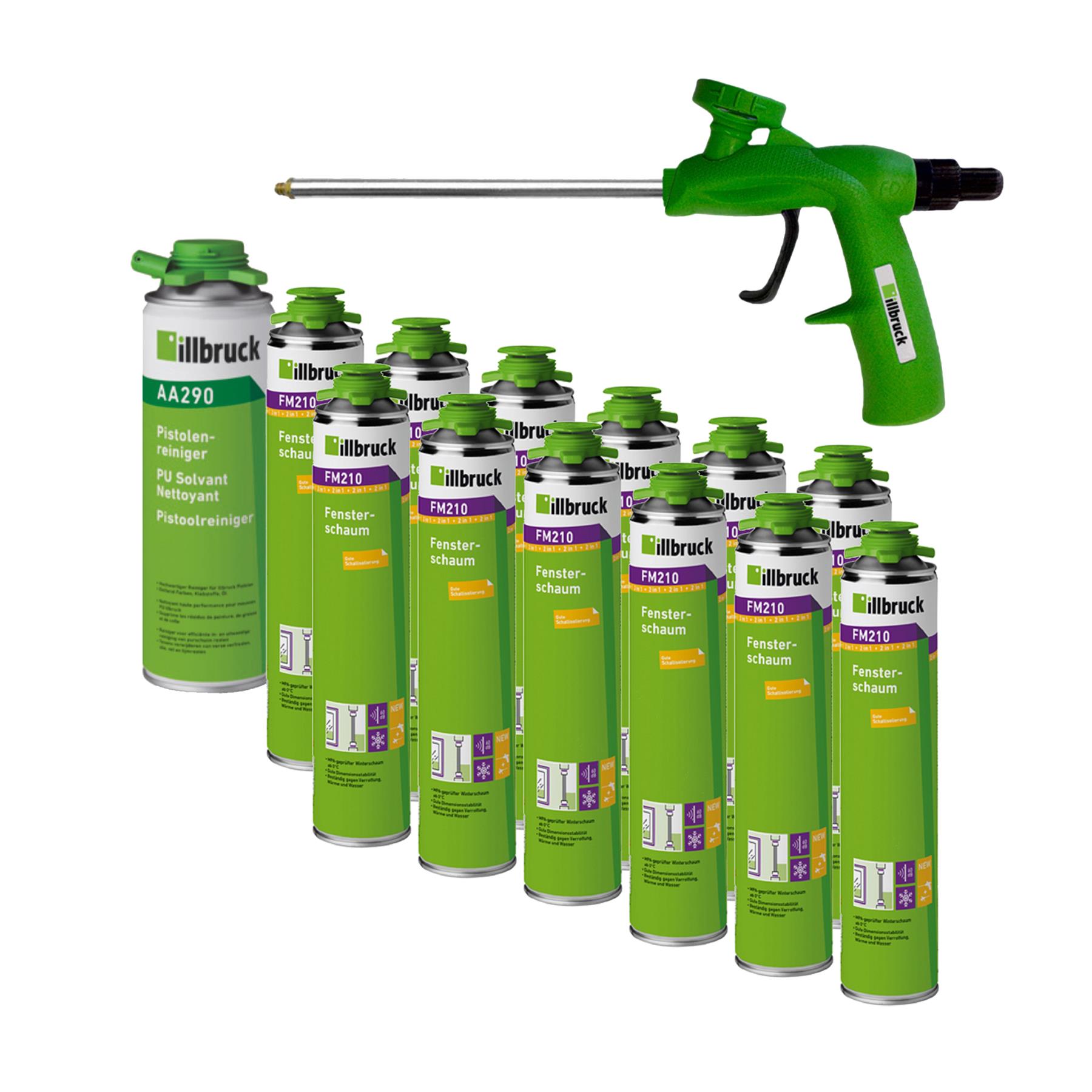 illbruck Profi Set 12 x FM210 Fenster- und Fassadenschaum+ á 880ml Dosen + illbruck AA290 Reiniger + Schaumpistole Professionell, Zinn, Kann, Spraydose