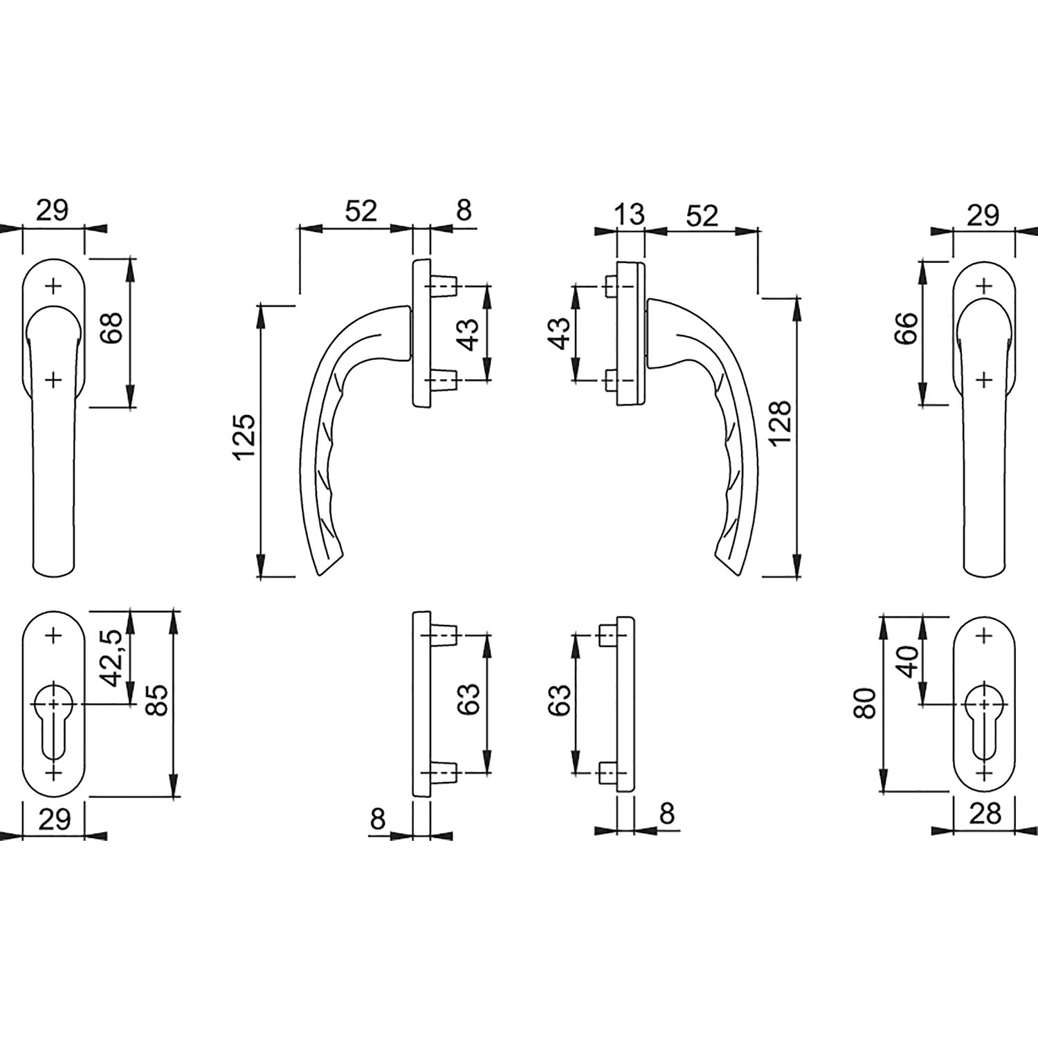 HOPPE Balkontür-Garnitur Serie Tokyo 099KH/66N/U26/0710/66NS/49PNS PZ Nocken 12 mm Vierkant 7 mm TS 63-68 mm F9016 verkehrsweiß, Sinken, Waschbeckenhahn, CAD-Diagramm, Diagramm