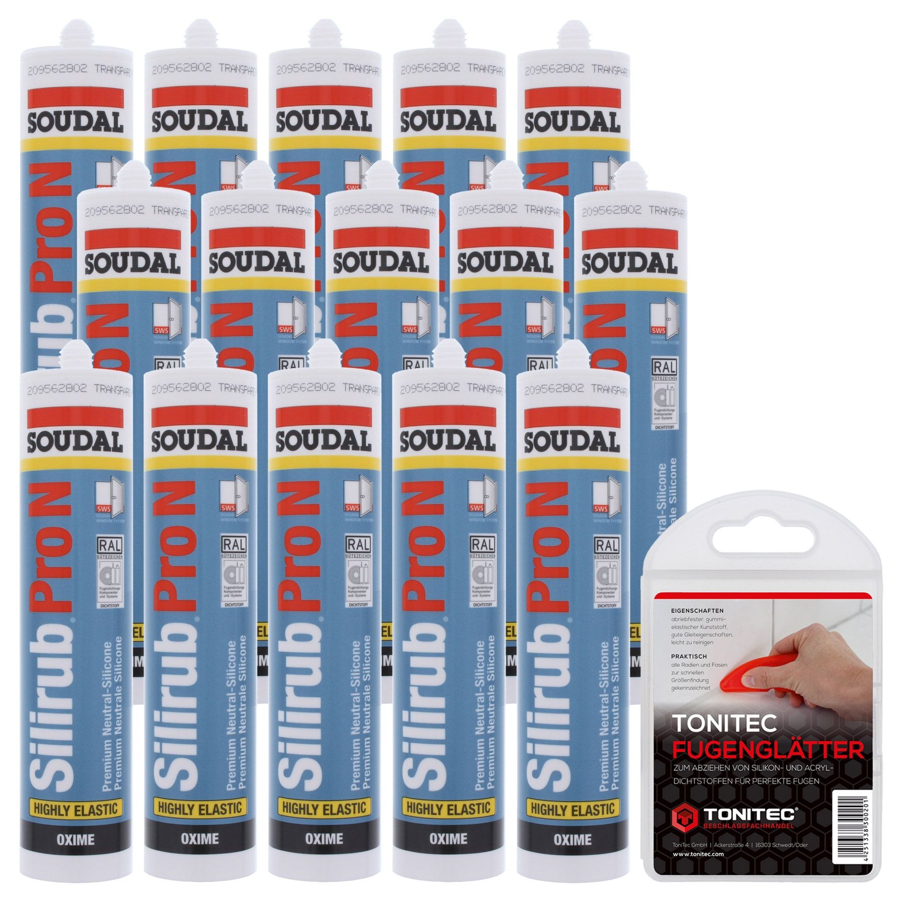 15x SOUDAL Silikon Silirub PRO N 310 ml Kartusche inkl. ToniTec® Fugenglätter Set Transparent, Farbbehälter, Baby, Person, Farbbehälter, Baby, Person
