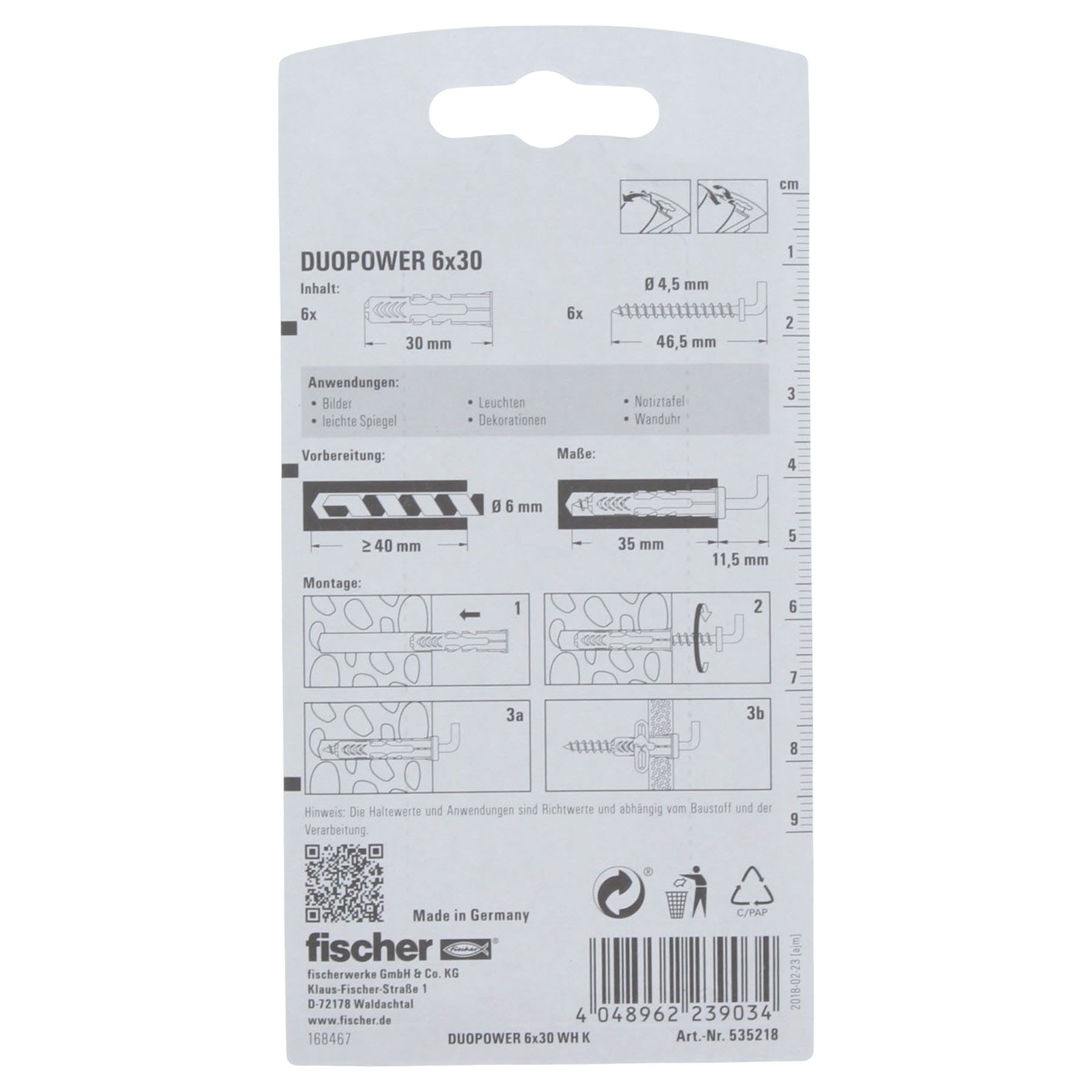 Fischer DUOPOWER 6x30mm WH mit Windelhaken 6 Stück, Text, Adapter, Elektronik, Dokument, Quittung