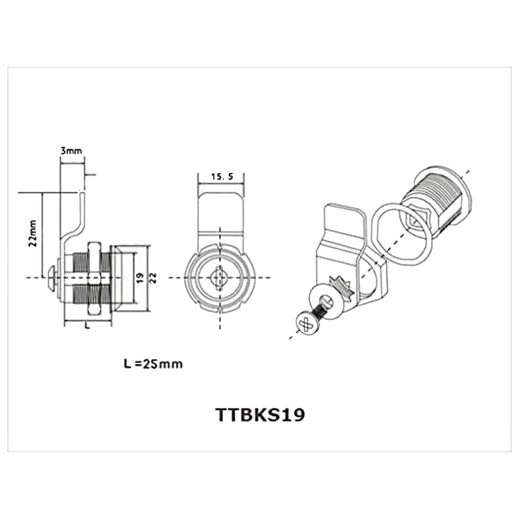 ToniTec Briefkastenschloss TTBKS1920 M19 gleichschließend M19x25 mm, CAD-Diagramm, Diagramm, Maschine, Sprach, CAD-Diagramm, Diagramm, Maschine, Sprach