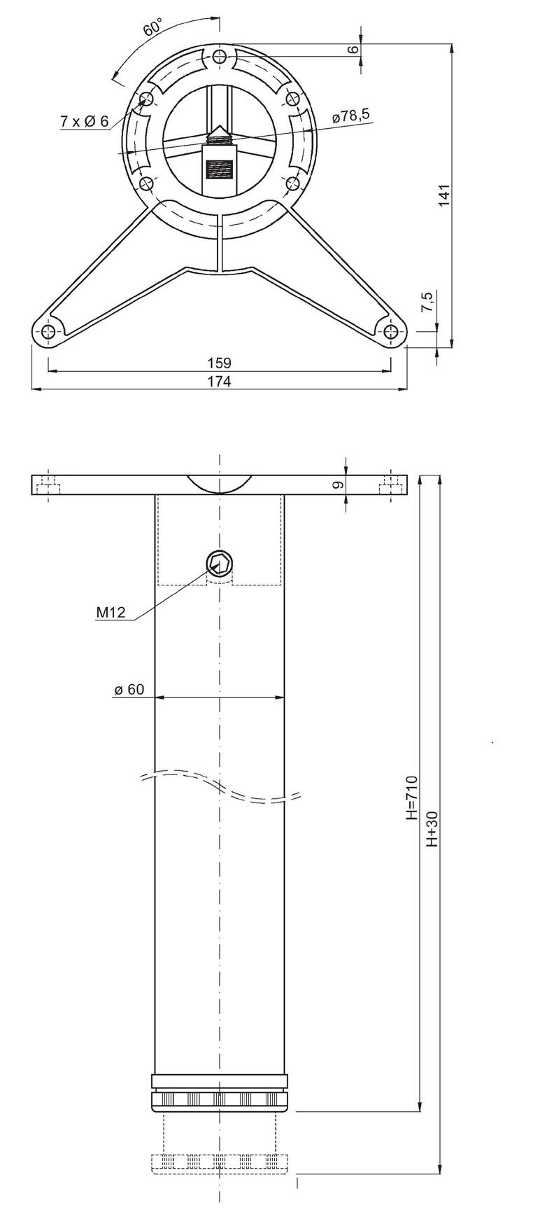 BMB Tischbein-Set V , Ø 60 x 710mm Edelstahl Effekt, Innensechskant Befestigung 1, CAD-Diagramm, Diagramm