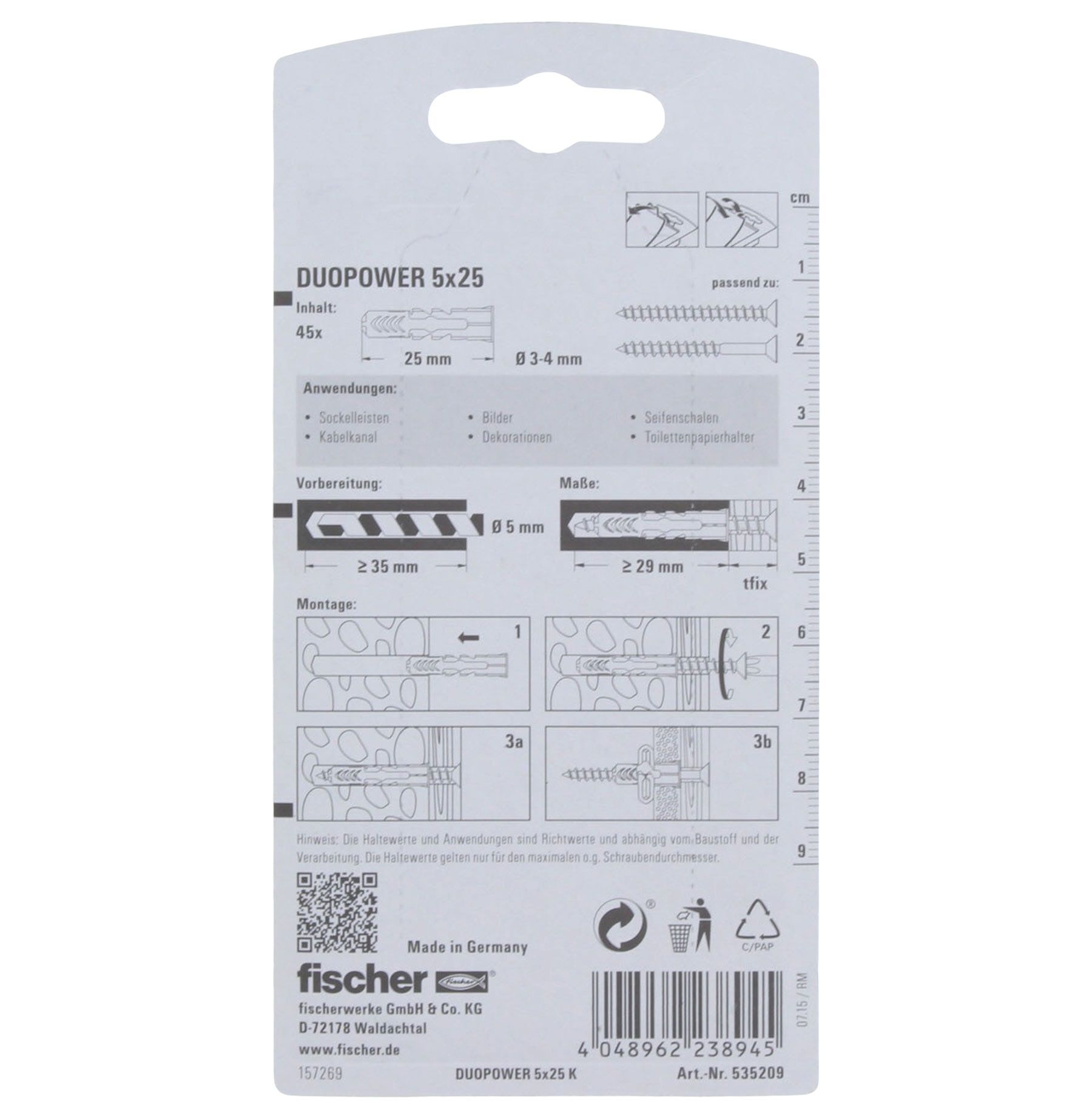 Fischer DUOPOWER Dübel 5x25 mm 45 Stück, Text, Adapter, Elektronik, Dokument, Quittung