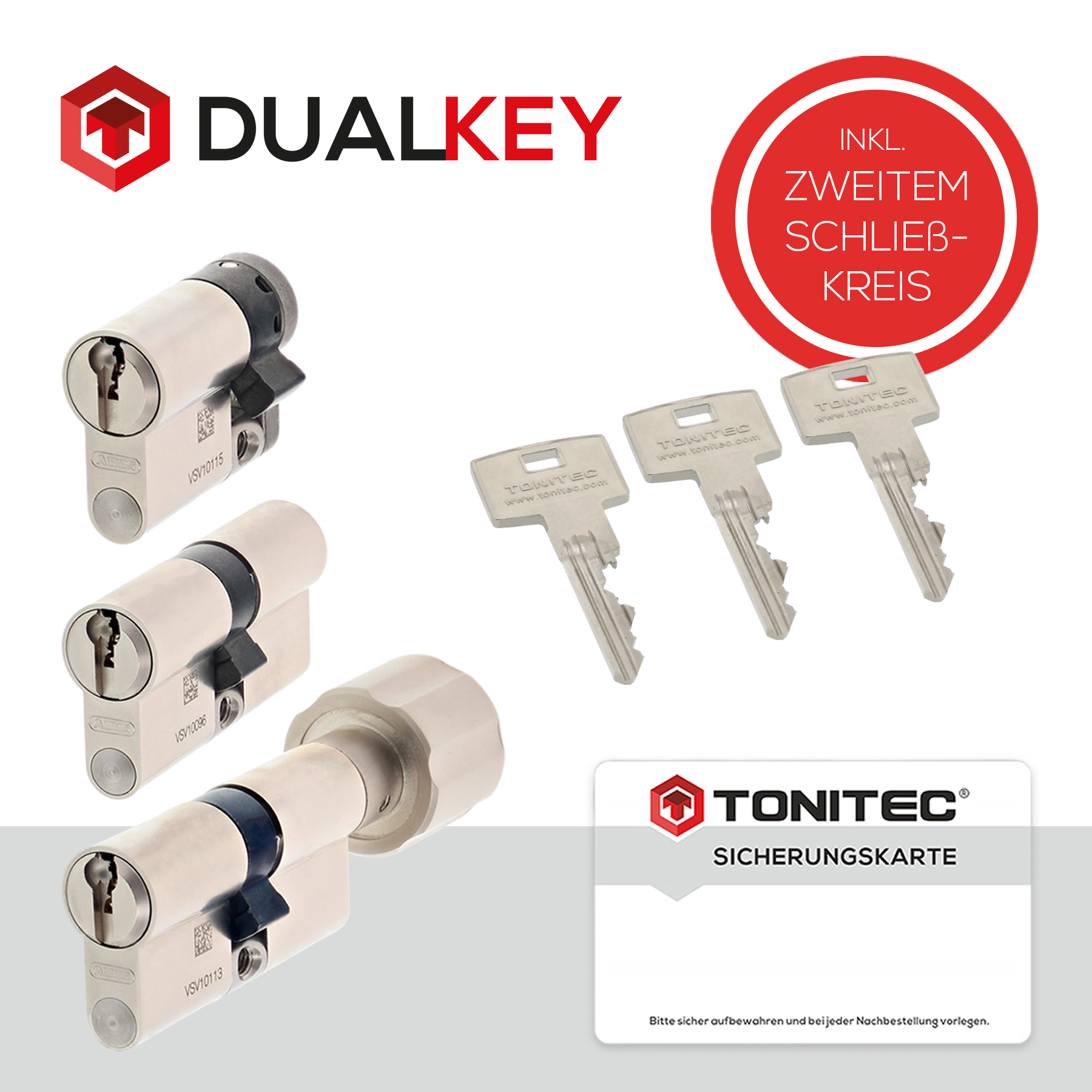 ToniTec® DUALKEY® Schließsystem by ABUS modular mit Sicherungskarte inkl. 2 Schlüsselsets Einzelschließung