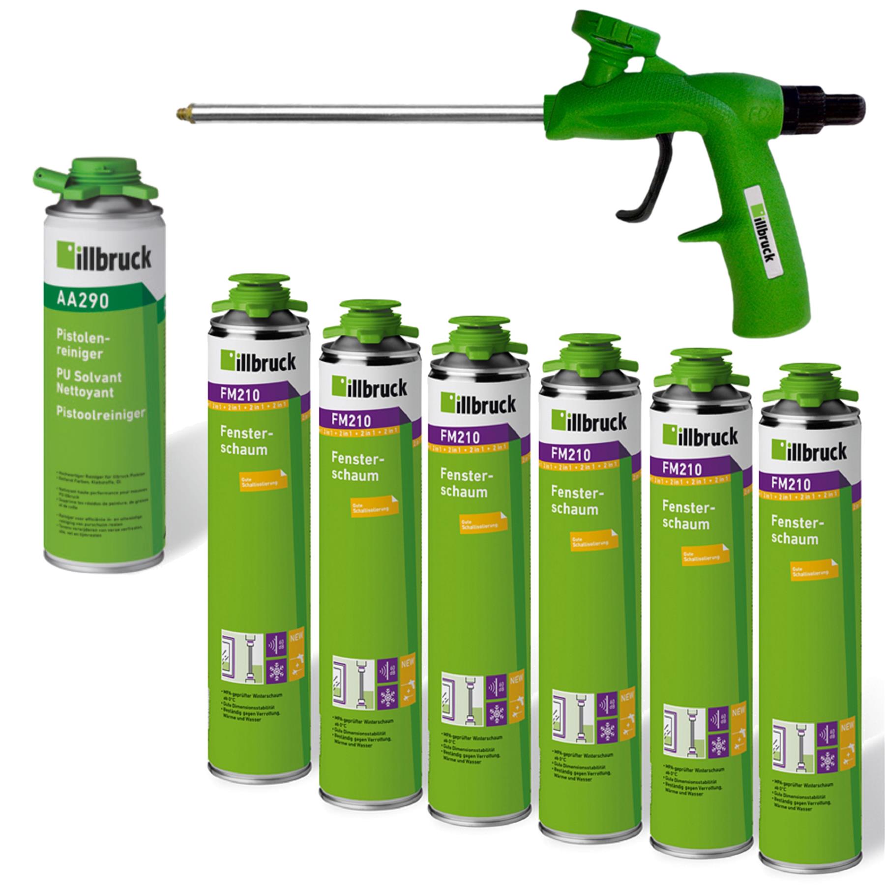 illbruck Profi Set 6x Fensterschaum PU Bauschaum inkl. Schaumpistole + Reiniger, Kann, Spraydose, Zinn