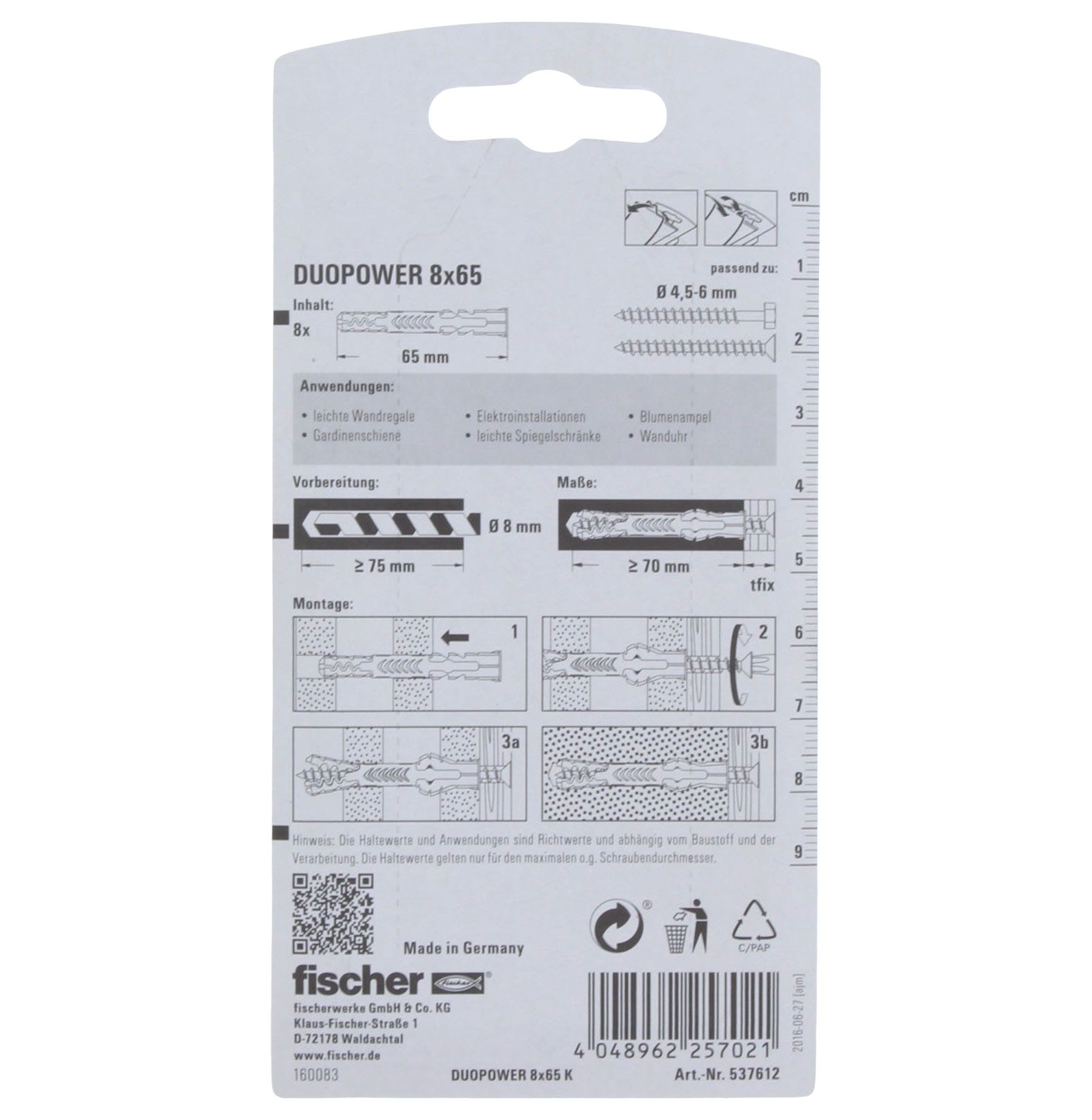 Fischer DUOPOWER 8x65 mm 8 Stück, Adapter, Elektronik, Text, Dokument, Quittung