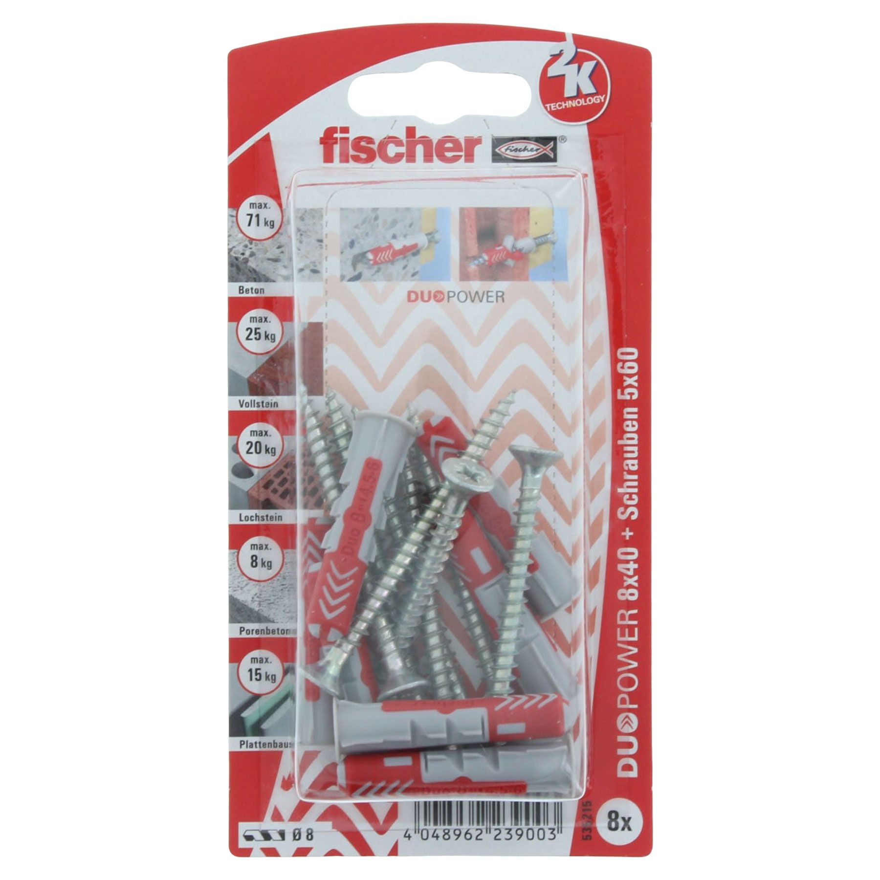 Fischer DUOPOWER 8x40 S Dübel mit Schraube 8 Stück, Zubehör, Perle