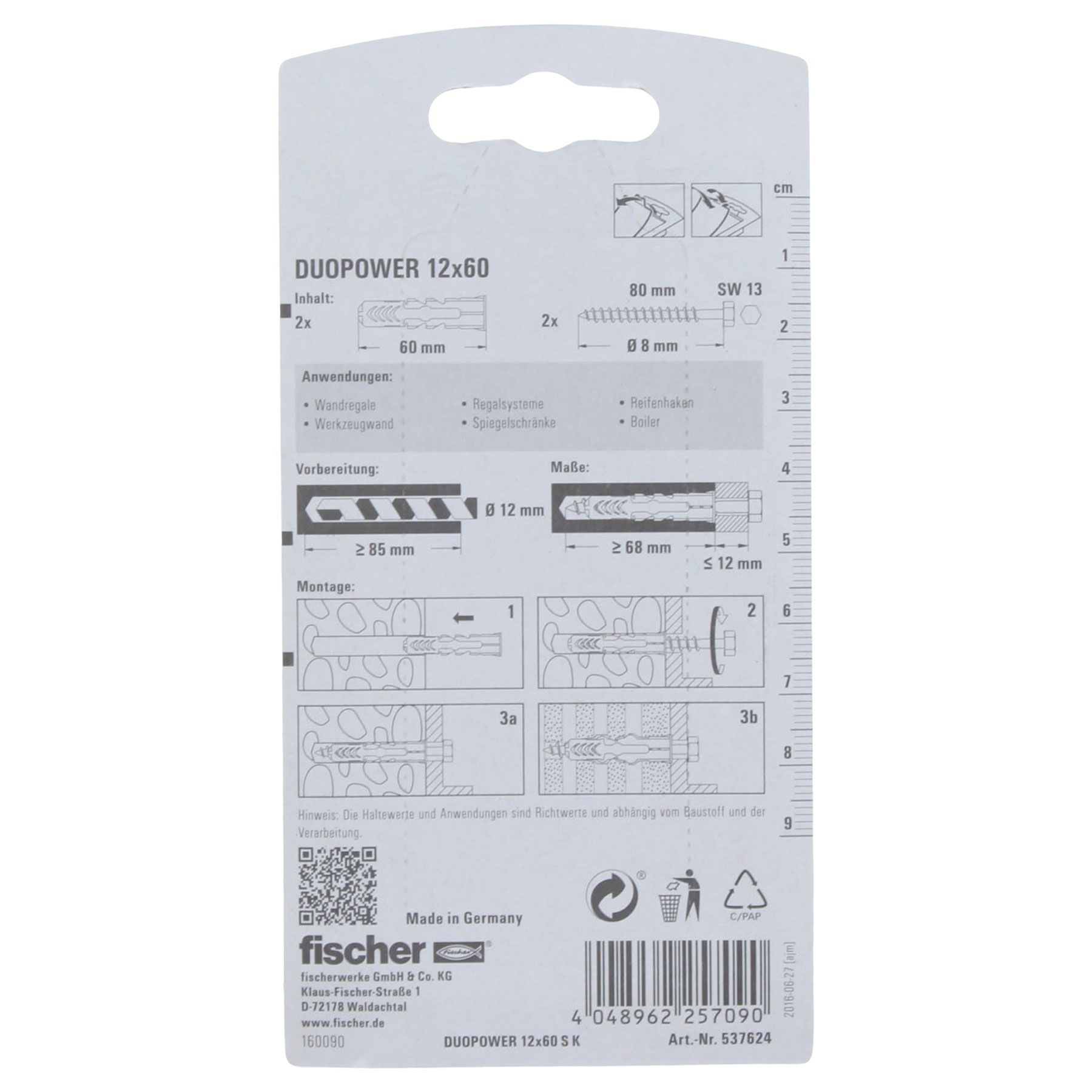 Fischer DUOPOWER 12x60 S Dübel mit Schraube 2 Stück, Text, Dokument, Quittung, Adapter, Elektronik