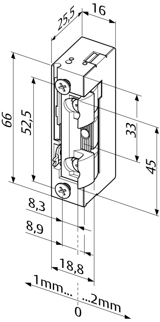 effeff E-Türöffner 10-24 V o. Schließblech, m. Fallenrutsche, verstellb. Falle und mechanischer Entriegelung 118E130.....A71, CAD-Diagramm, Diagramm