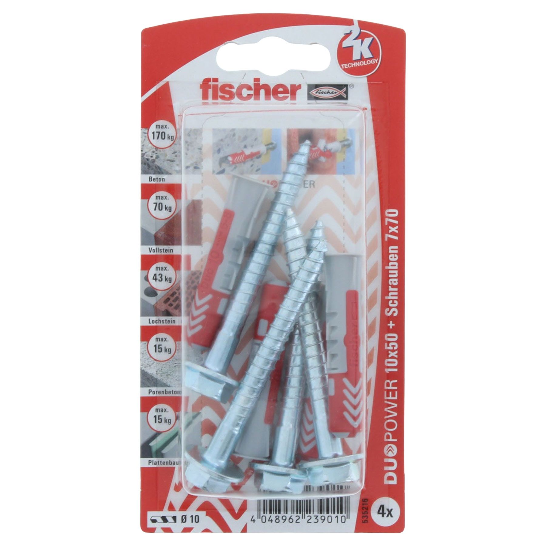 Fischer DUOPOWER 10x50 S Dübel mit Schraube 4 Stück, Maschine, Schraube