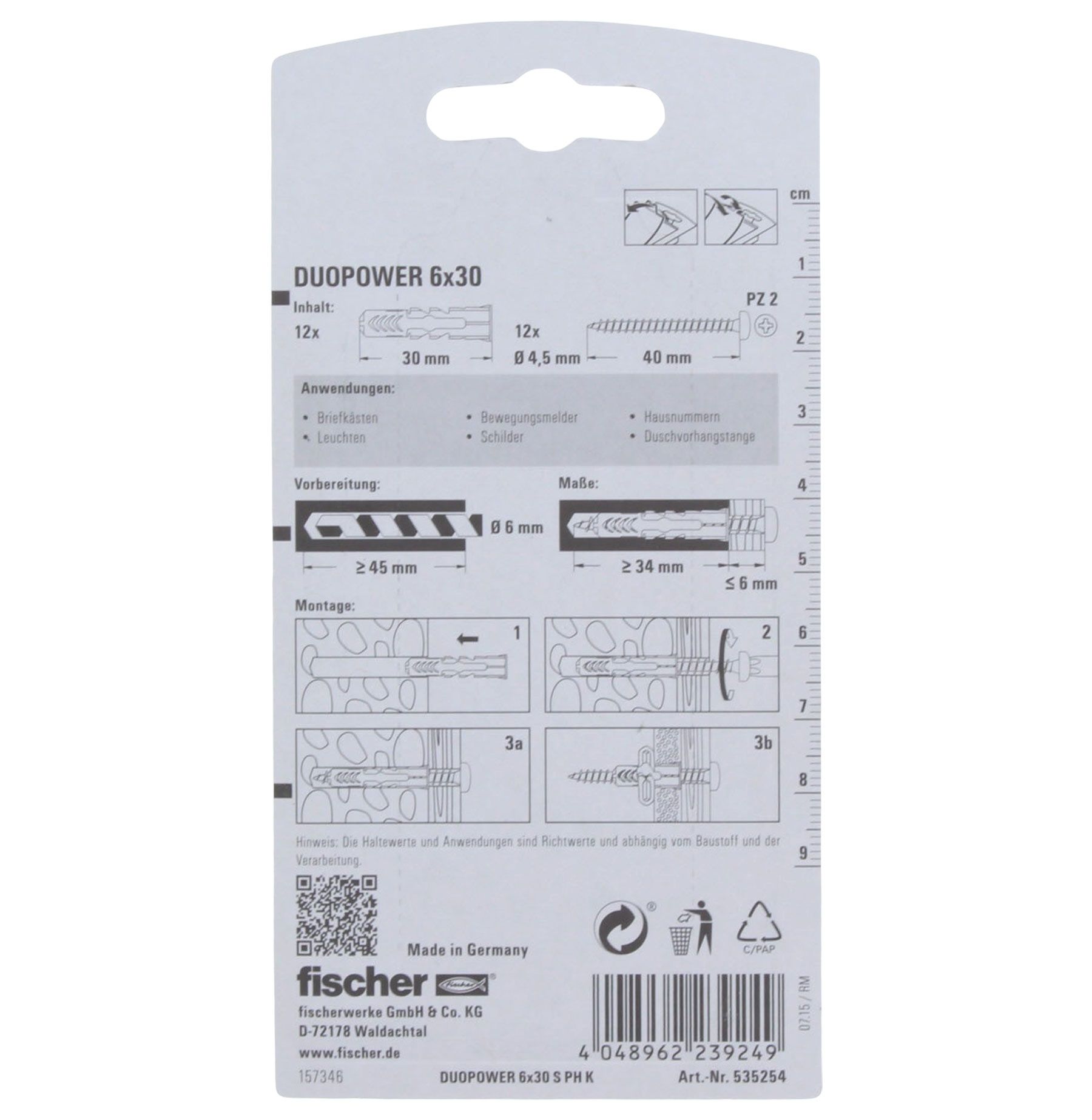Fischer DUOPOWER 6x30 PH Dübel mit Panhead Schraube 12 Stück, Text, Dokument, Quittung, Adapter, Elektronik