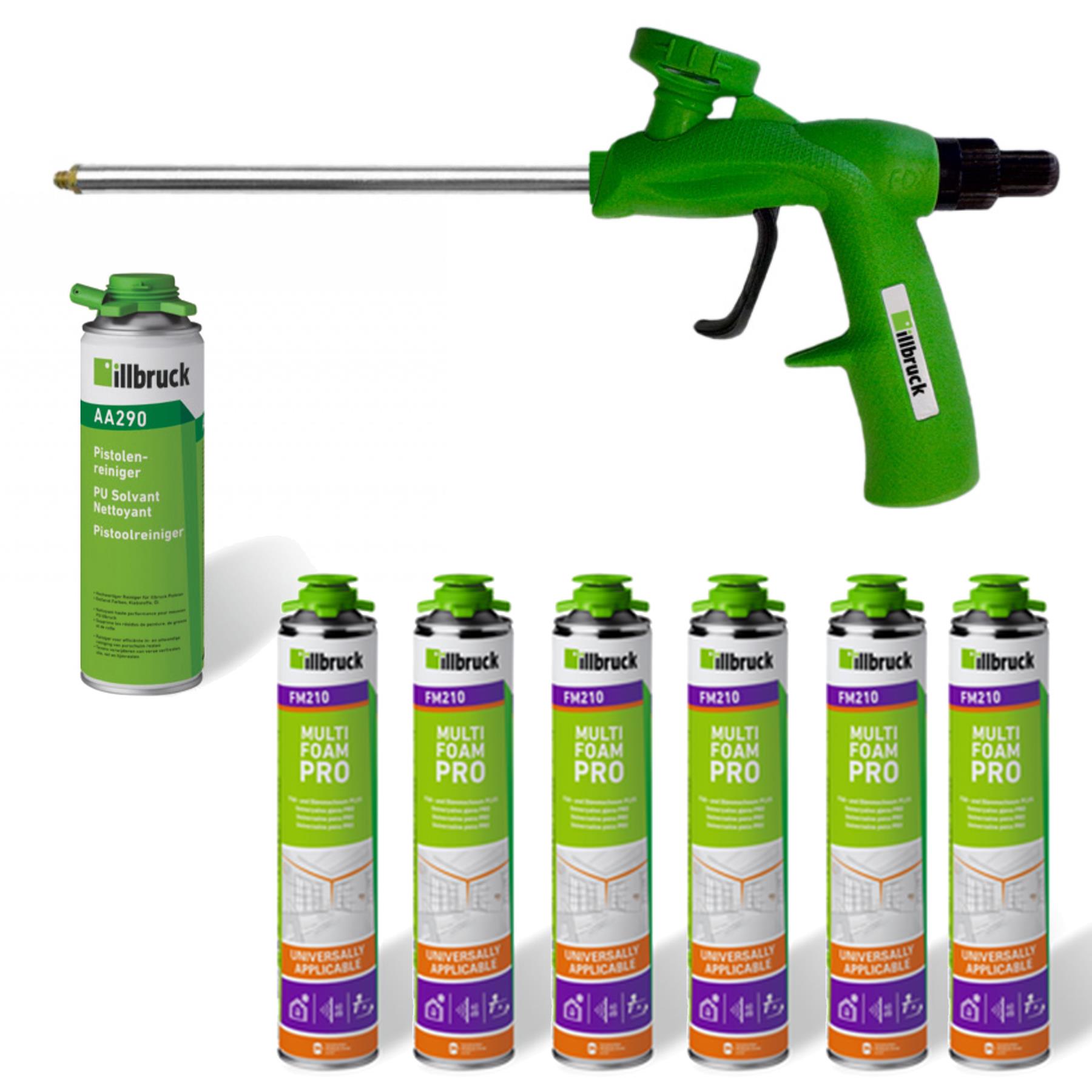 illbruck Profi Set 6x Fensterschaum PU Bauschaum 540ml inkl. Schaumpistole + Reiniger, Kann, Spraydose, Zinn