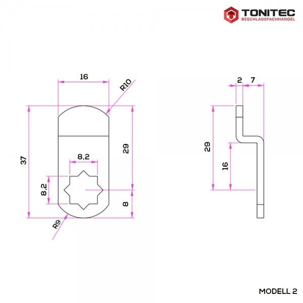 ToniTec Riegel für Briefkastenschloss TTBKS1910 TTBKS1920 37 mm gekröpft (Modell2), CAD-Diagramm, Diagramm