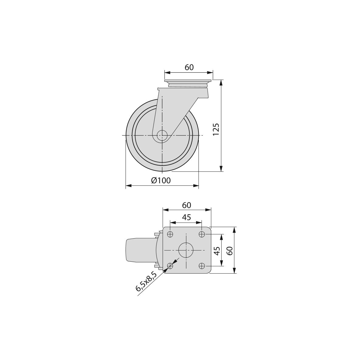 Emuca Rollen-Set mit Anschraubplatte D100 mm Stahl und Kunststoff grau (4 Stück), CAD-Diagramm, Diagramm