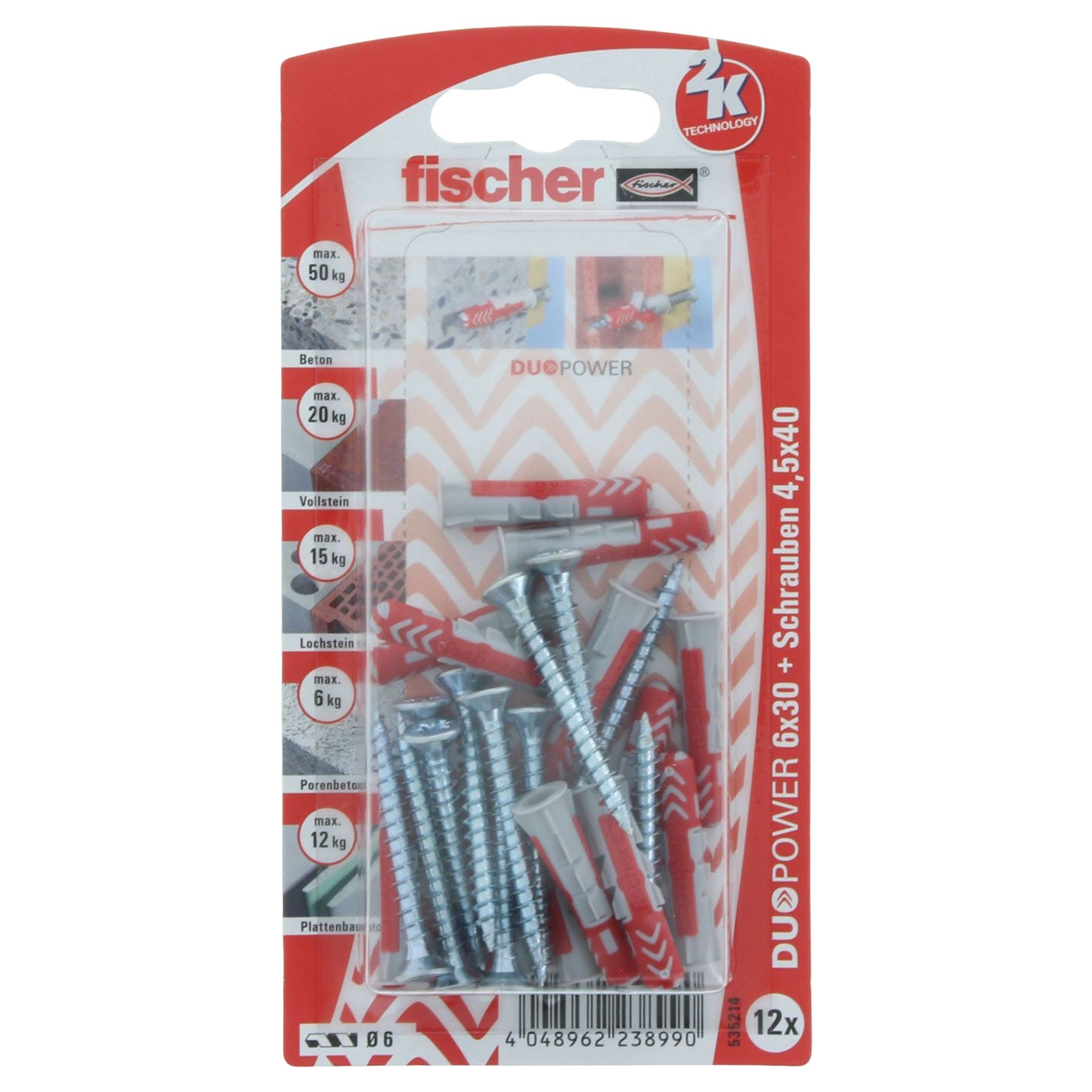 Fischer DUOPOWER 6x30 S Dübel mit Schraube 12 Stück, Maschine, Schraube