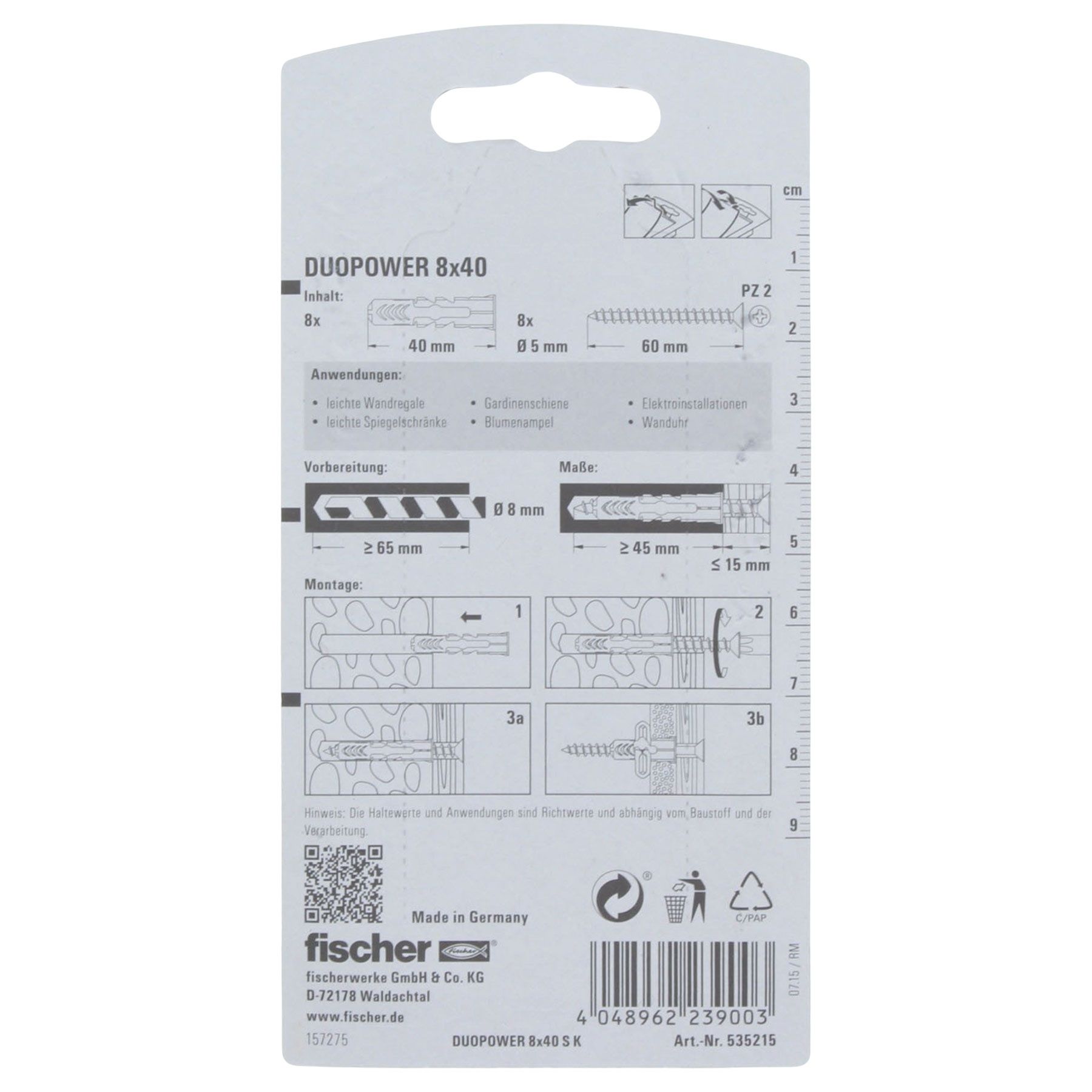 Fischer DUOPOWER 8x40 S Dübel mit Schraube 8 Stück, Text, Dokument, Quittung
