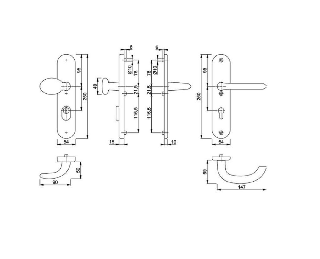 HOPPE Schutz-Wechselgarnitur Modell Marseille Langschild PZ 72 mm Vierkant 8 mm Türstärke 41-46 mm Oberfläche F1 76G/3332za/3410 ES1, CAD-Diagramm, Diagramm