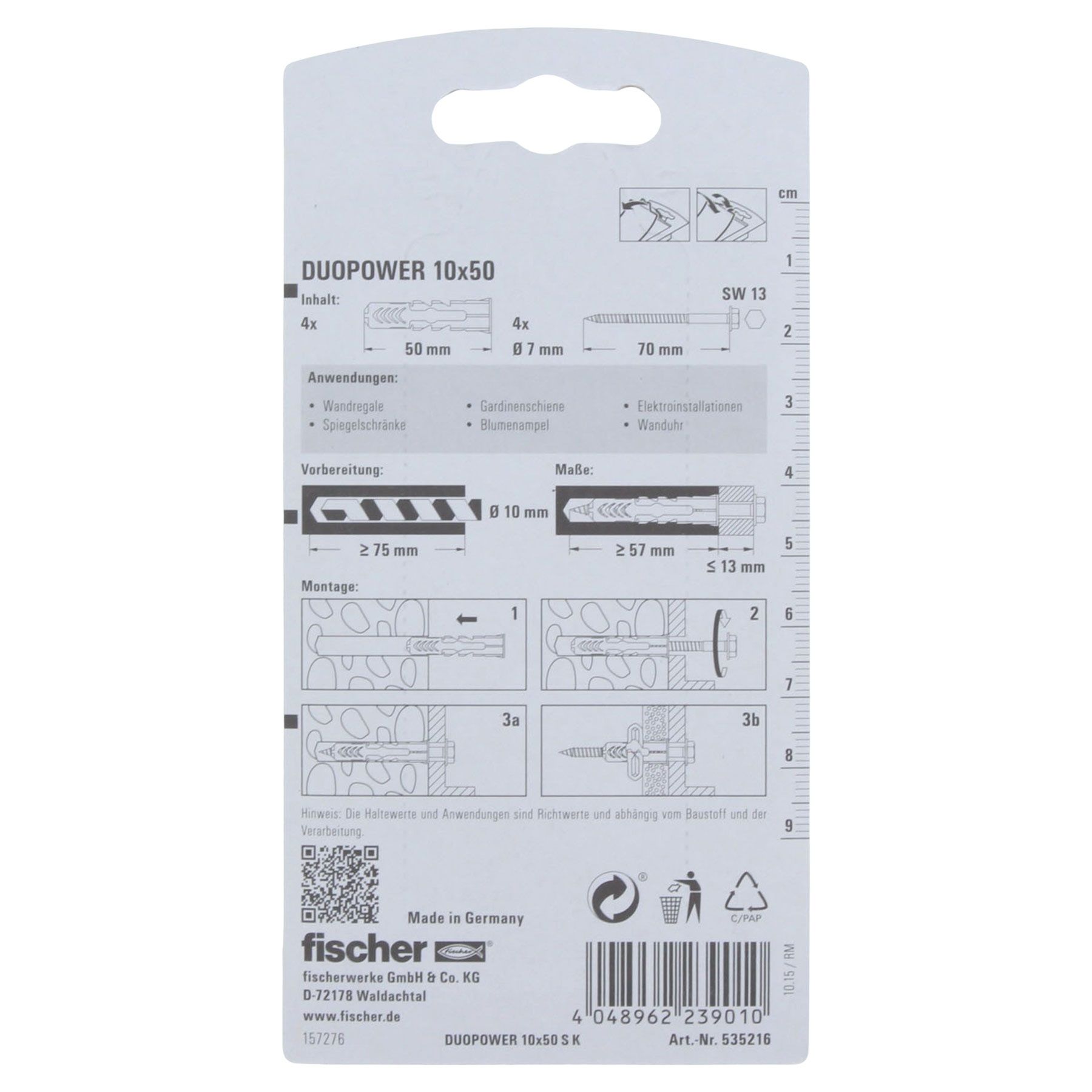 Fischer DUOPOWER 10x50 S Dübel mit Schraube 4 Stück, Text, Dokument, Quittung