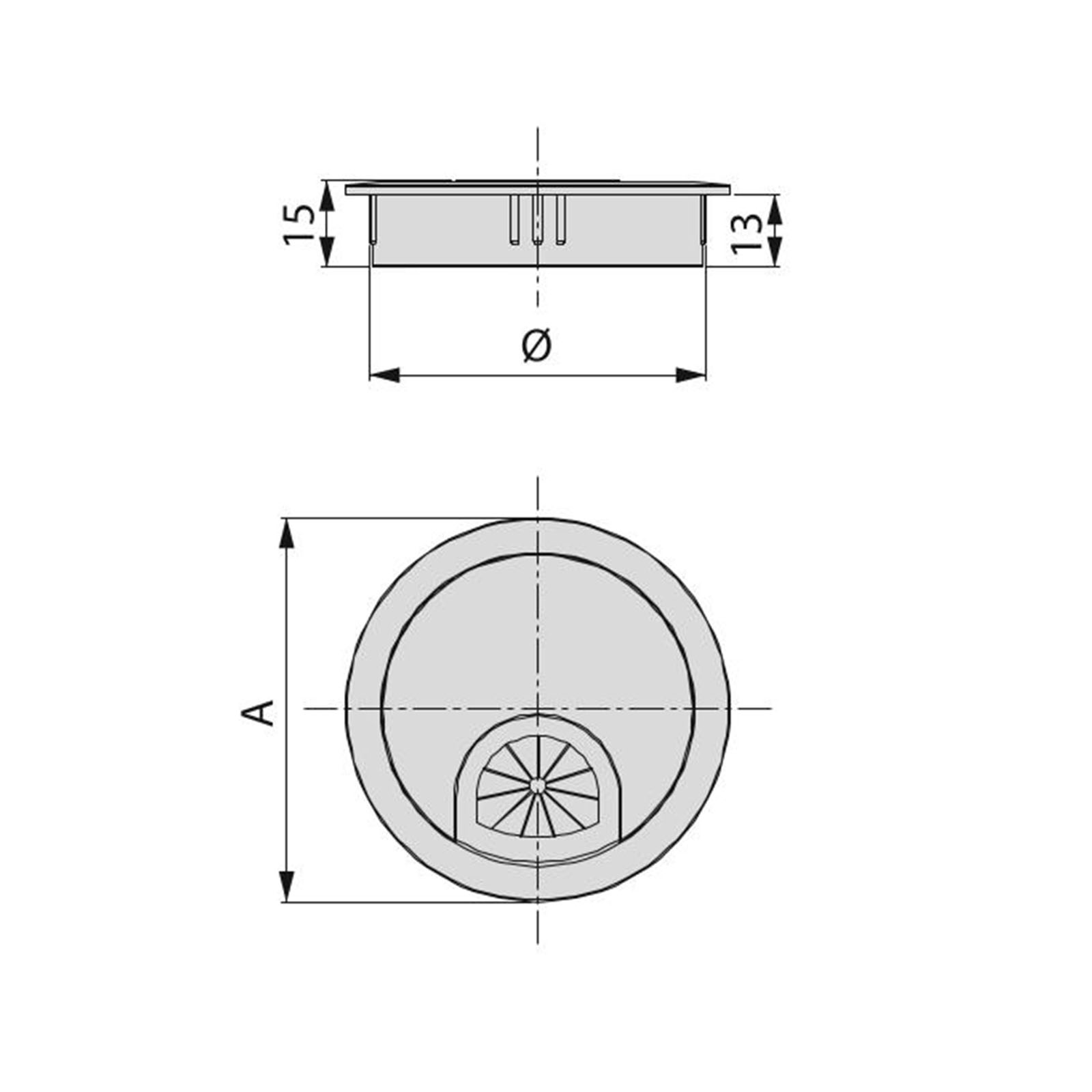 Emuca Zamak Kabeldurchführung, Durchmesser 60 mm, matt verchromt, CAD-Diagramm, Diagramm, Maschine, Rad