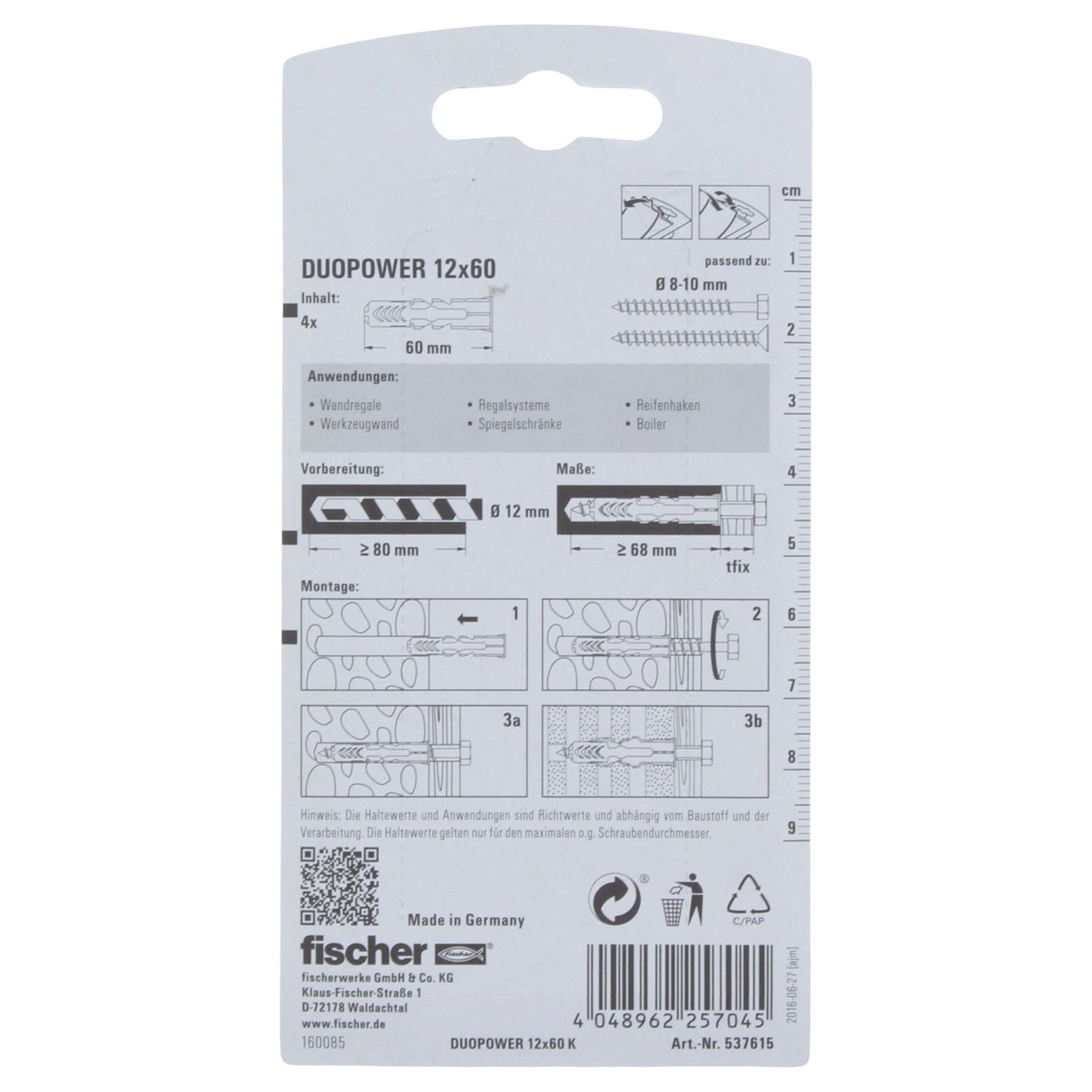Fischer DUOPOWER Dübel 12x60mm 4 Stück, Text, Dokument, Quittung, Adapter, Elektronik