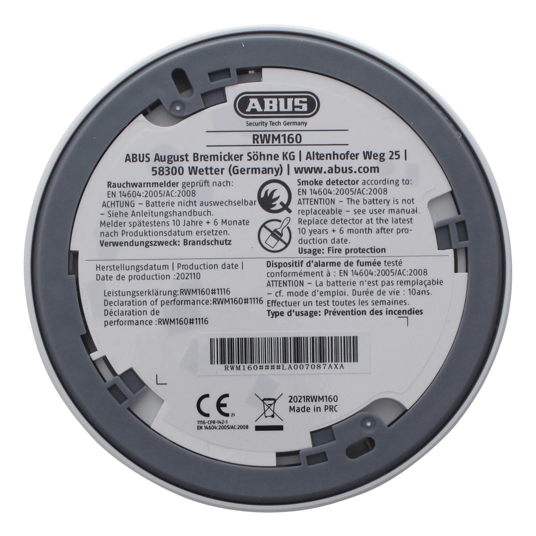 ABUS Rauchmelder 10 Jahre Rauchwarnmelder RWM160 flaches Design mit Magnet-Klebepad zur einfachen Befestigung