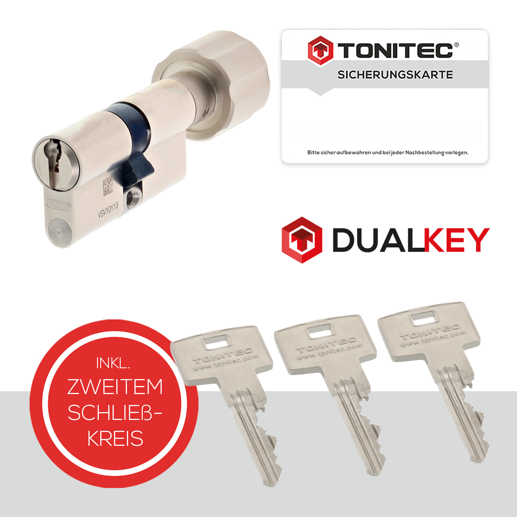 ToniTec® DUALKEY® Schließsystem by ABUS modular mit Sicherungskarte inkl. 2 Schlüsselsets Einzelschließung Knaufzylinder 60/60K