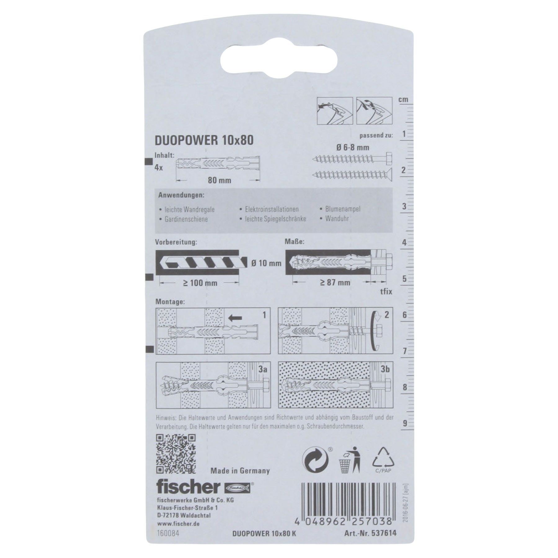 Fischer DUOPOWER Dübel 10x80mm 4 Stück, Text, Dokument, Quittung, Adapter, Elektronik
