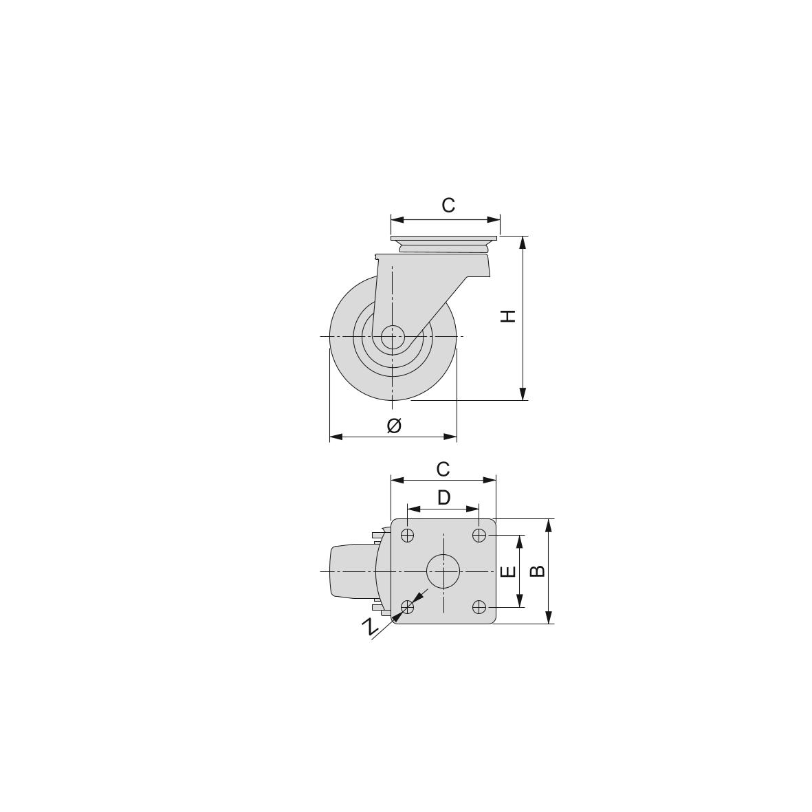Emuca Rolle mit Bremse und Anschraubplatte D75 mm Stah/ Kunststoff grau, CAD-Diagramm, Diagramm, CAD-Diagramm, Diagramm